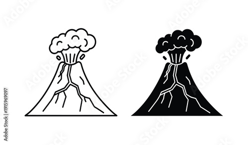 Vector illustration of two volcanic eruption icons in black and white