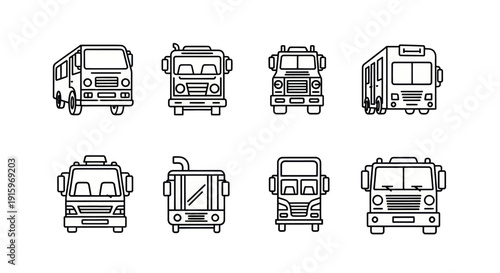 Set of eight different bus and truck front view line icons, transport and vehicle collection for design and infographic use