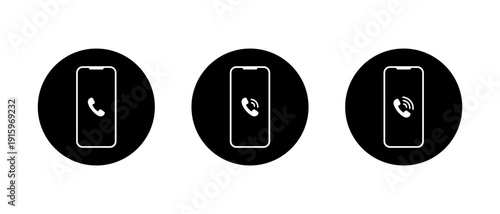 Smartphone call icon set in black circle. Mobile phone calling symbol. Ringing telephone on cellphone sign