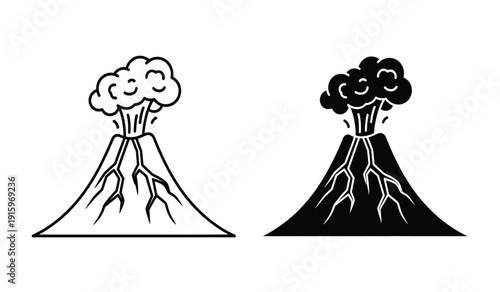 Vector illustrations of smiling volcanoes with lava and smoke