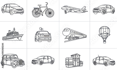 Set of hand-drawn black and white transportation and travel icons including car, bicycle, airplane, ship, taxi, train, hot air balloon, and house, outline style