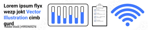 Bar chart, clipboard with checklist, and a wireless signal icon. Ideal for technology, data visualization, communication, research, productivity, project planning simple landing page