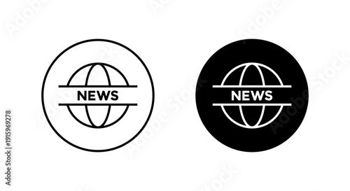 Global news icon in black circle. International media symbol. World broadcast sign