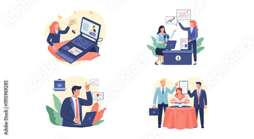 Business people working with laptops, charts, and documents in office settings, professional teamwork and communication concept illustration for presentations and reports