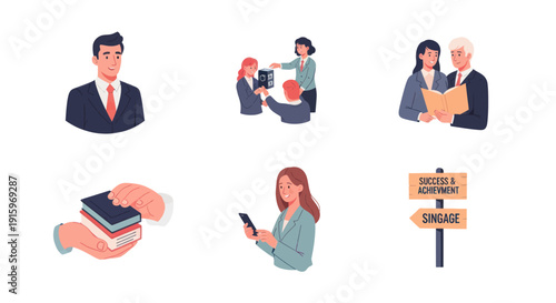 Business people teamwork and success concept with partners discussing documents, signing contracts, holding books and using mobile phone