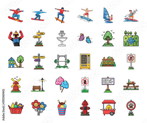 Vibrant cartoon icons of everyday life and leisure activities