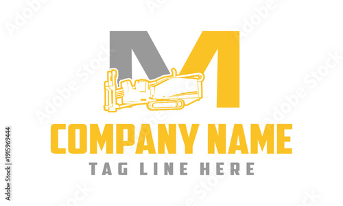 Letter M Fiber Optic underground horizontal drilling laying machine logo design 