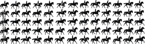 Horse rider silhouettes grid, equestrian figures, riding activity icons, uniform pattern, sports concept, training, competition, horse riding illustration design