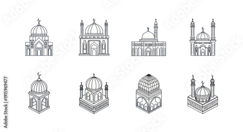 Hand drawn black and white mosque icons set featuring different mosque styles with domes and minarets, ideal for religious and cultural design projects