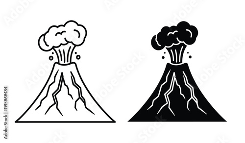 Two black and white volcano illustrations with smoke and lightning