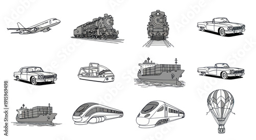 Collection of transportation vehicles including airplane, steam train, classic cars, boat, cargo ship, modern trains, and hot air balloon for travel and transport designs