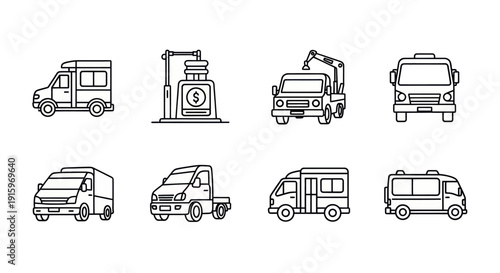 Line art set of various utility and commercial trucks and a fuel pump icon, thin outline editable vector for transportation or gas station use