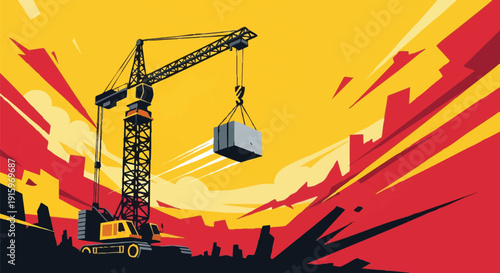 Industrial Construction Crane Lifting Heavy Load Vector Illustration. Dynamic Retro Poster Art of Urban Development and Progress.