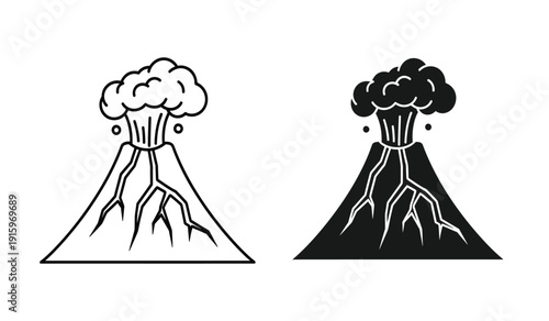 Vector illustration of two erupting volcanoes in black and white