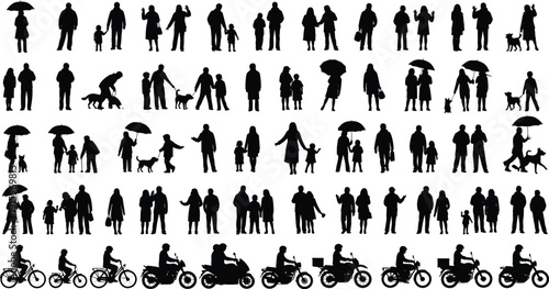   
Human activity silhouettes collection, walking, standing, holding hands, umbrellas, dogs, children, bicycles, motorcycles, lifestyle illustration design concept