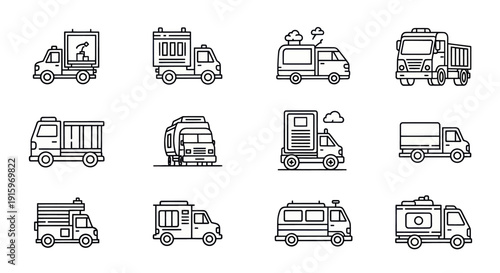 Set of 12 black line art delivery and service trucks icons, including cargo, food truck, camper van, and utility vehicles for commercial use