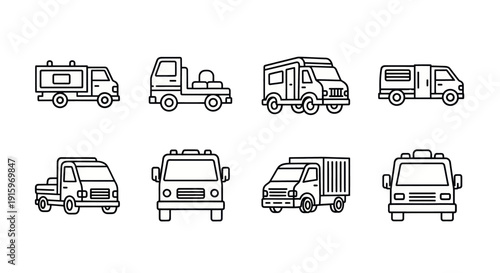 Set of black and white line art delivery and utility trucks icons for transport and logistics design