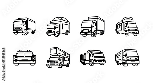 Set of black and white line art truck and van icons including delivery, camper, dump, and cargo trucks for transportation or logistics design