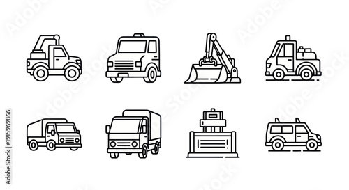 Set of black outline construction and utility vehicle icons including tow truck, dump truck, excavator, cargo van, bulldozer and SUV for industrial design