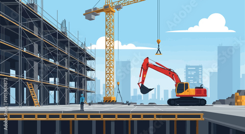 Urban Construction Site Vector Illustration with Tower Crane, Excavator, and Scaffolding. Development and Real Estate Concept.