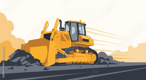 Heavy Duty Yellow Bulldozer Pushing Earth at Construction Site. Industrial Graphic Illustration of Tracked Digger Machine.