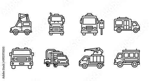 Set of eight black line icons of various utility trucks and service vehicles, including crane, fire truck, concrete mixer. Perfect for transport and construction designs.