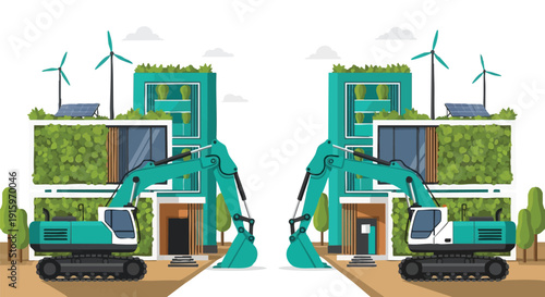 Green Construction: Excavators near Eco-Friendly Buildings with Vertical Gardens, Solar Panels, and Wind Turbines.