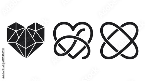 Three black geometric heart and infinity symbols with intersecting lines