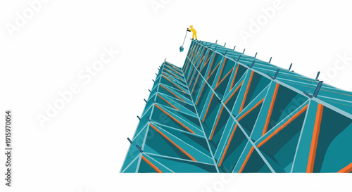 Construction Worker at Peak of Geometric Scaffolding Structure. Low angle vector illustration of engineering achievement, tall building progress, and hard work.