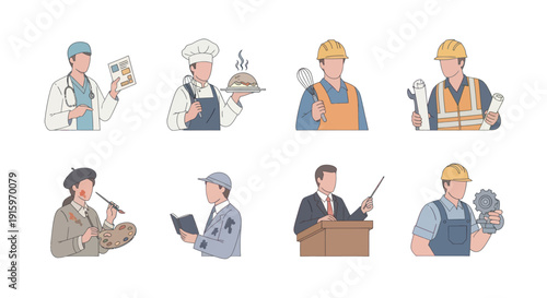 Set of faceless professional occupations including doctor, chef, construction worker, artist, teacher, and engineer in simple flat style for career illustration and business use