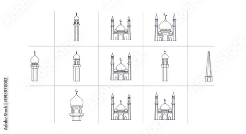 Set of hand-drawn mosque icons with minarets and domes in outline style, perfect for religious and cultural design projects