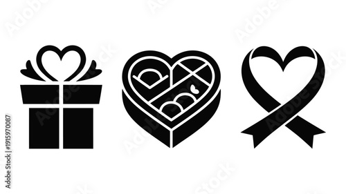 Three Black Silhouette Gift Box Heart Ribbon