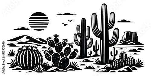 Line art illustration of a desert scene depicting saguaro and prickly pear cacti with a mesa and sun for wilderness adventure