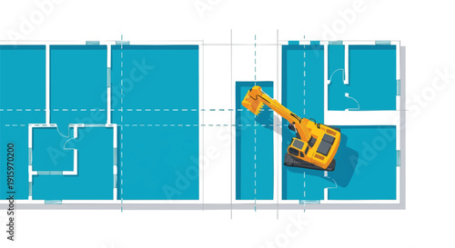 Conceptual Renovation: Excavator Operating on Architectural Blueprints and Floor Plan for Demolition or Home Redesign