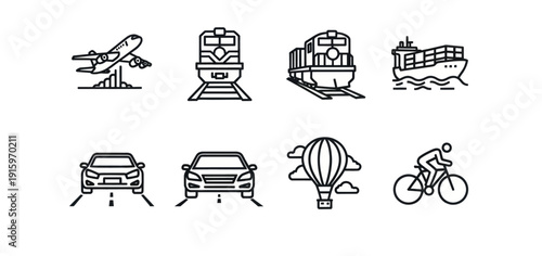 Set of simple black line icons representing different modes of transportation including airplane, trains, ship, cars, hot air balloon, and bicycle for travel and logistics design