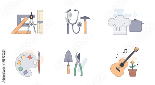 Set of six icons representing different professions and hobbies including architecture, healthcare, cooking, painting, gardening, and music. Ideal for educational and creative projects.