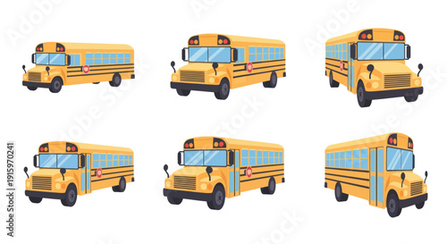 Set of six yellow school bus illustrations showing different angles and views, perfect for educational and transportation projects