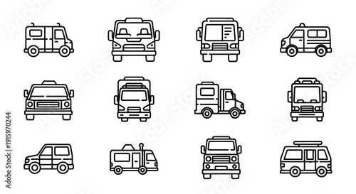 Set of various hand-drawn van and bus line icons, simple black outline transportation illustrations for delivery or travel design