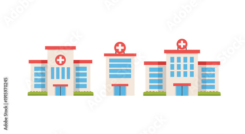 Set of three cartoon hospital buildings with red cross signs, medical center icons for healthcare or clinic related projects