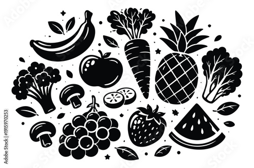 Hand drawn fruits and vegetables set featuring a variety of healthy produce for fresh food concepts