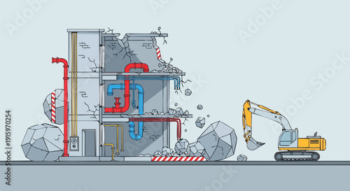 Building Demolition Site Vector Illustration. Excavator working on a collapsing structure with exposed pipes and rubble.