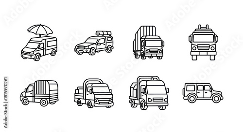 Set of vector line icons showing different types of trucks and utility vehicles including delivery, cargo, pickup, and off-road cars suitable for transport design