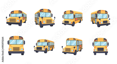 Set of yellow school bus illustrations in different angles and views, ideal for education and transportation design projects