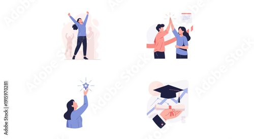Success and achievement concept illustrations including celebration, teamwork high five, reaching star, and education graduation symbols for motivational use