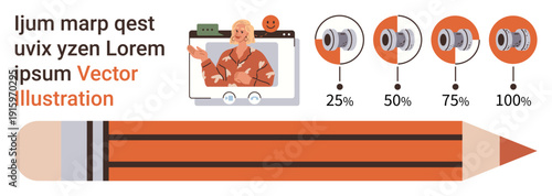 Online education, teaching tools, progress tracking, virtual presentation, writing skills, creative design. A pencil, a virtual instructor screen and progress indicators. Online education