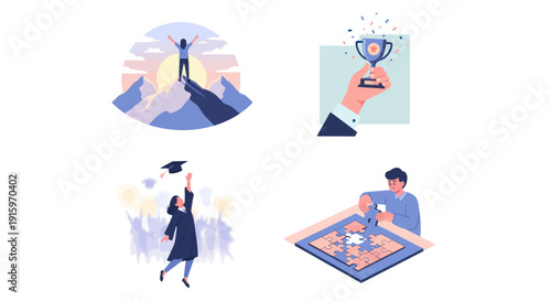 Achievement and success concepts including mountain peak celebration, trophy award, graduation ceremony, and puzzle solving for personal growth and motivation