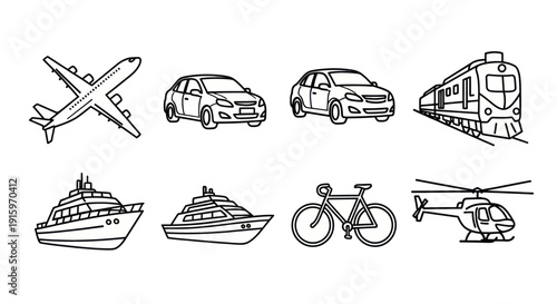 Black and white line art icons of various transportation modes including airplane, cars, train, boats, bicycle, and helicopter, perfect for travel and transport themes