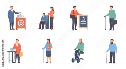 Business and elderly people using assistive devices and technology in office and work environments, healthcare and support concepts