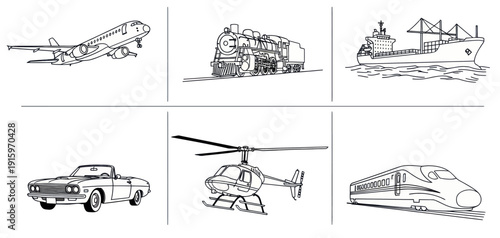 Black and white sketches of various transportation vehicles including airplane, steam train, cargo ship, classic car, helicopter, and high-speed train, ideal for transport-themed projects