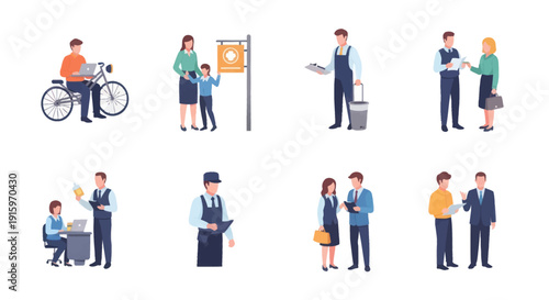 Business and professional people in various work scenarios including office, cleaning, consultation, and teamwork, vector illustration for corporate use